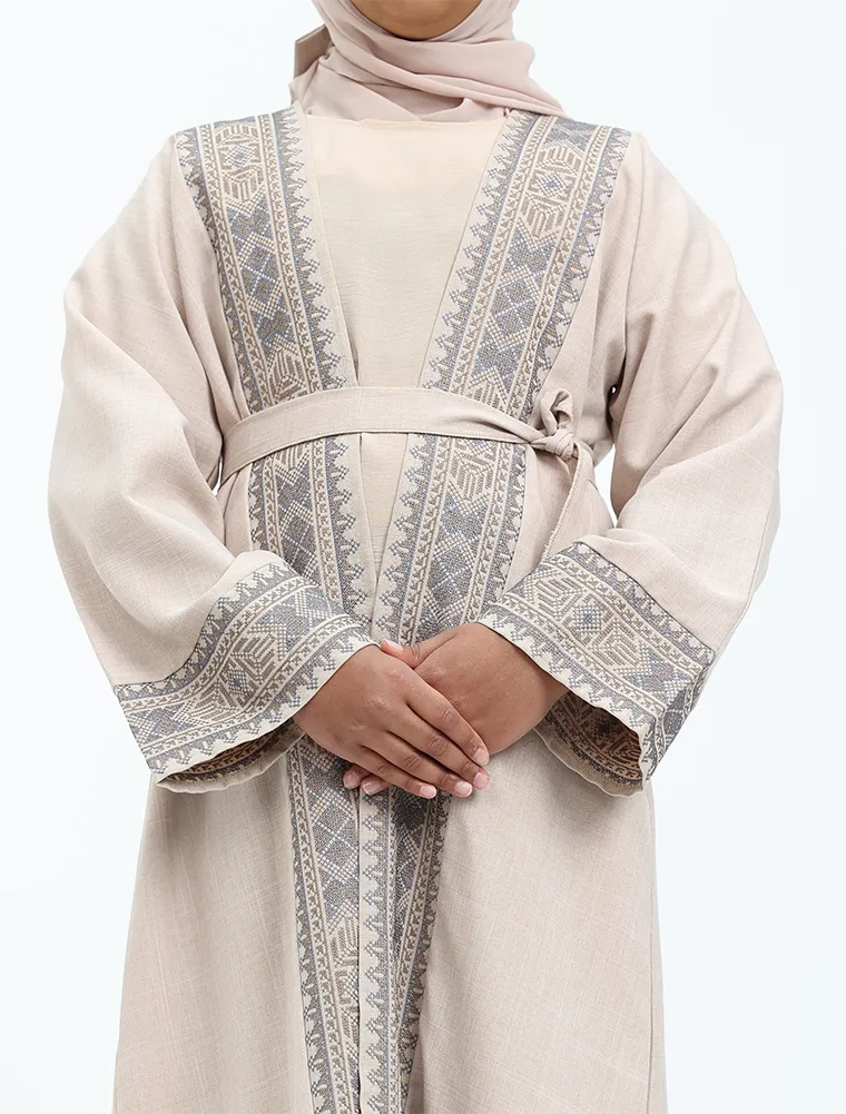Beige 2 Piece Moroccan Embroidery Girl Abaya